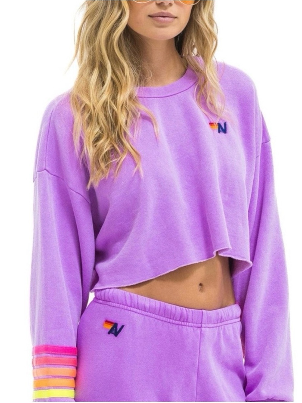 Aviator Nation Lavender Cropped Crewneck Sweater with Neon Stripe Cuff